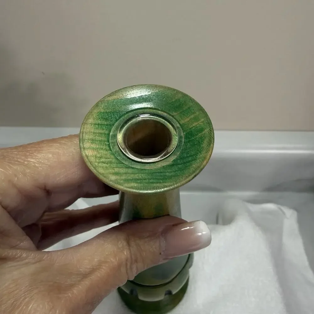 Vintage Hand-Turned Solid Maple Bud Vase Green Dye Signed GEW Glass Insert OOAK